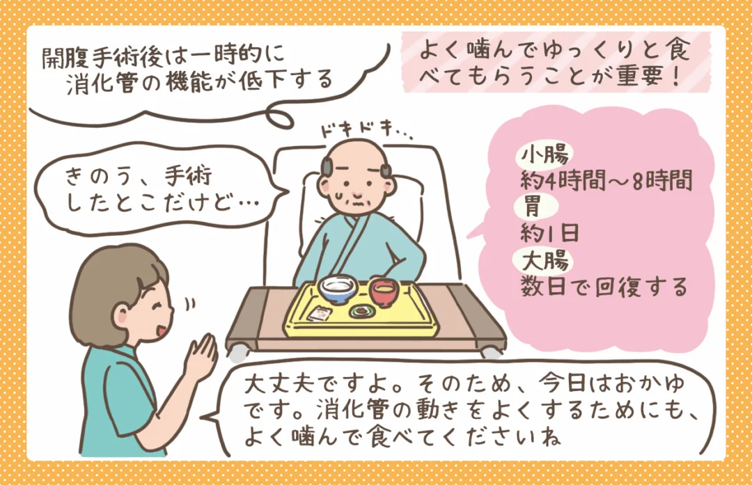 開腹手術後、患者さんに食事指導をする看護師