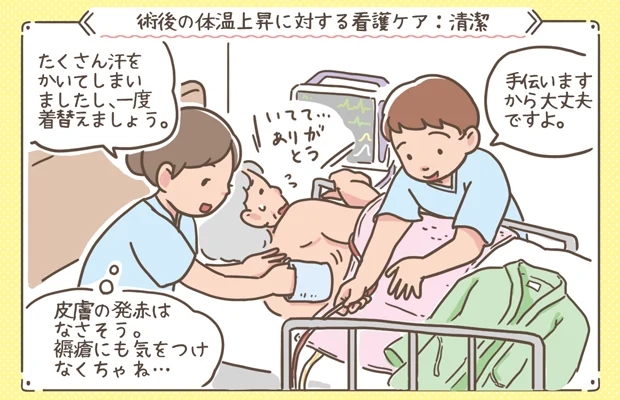 術後、体温が上昇した患者さんをケアする看護師