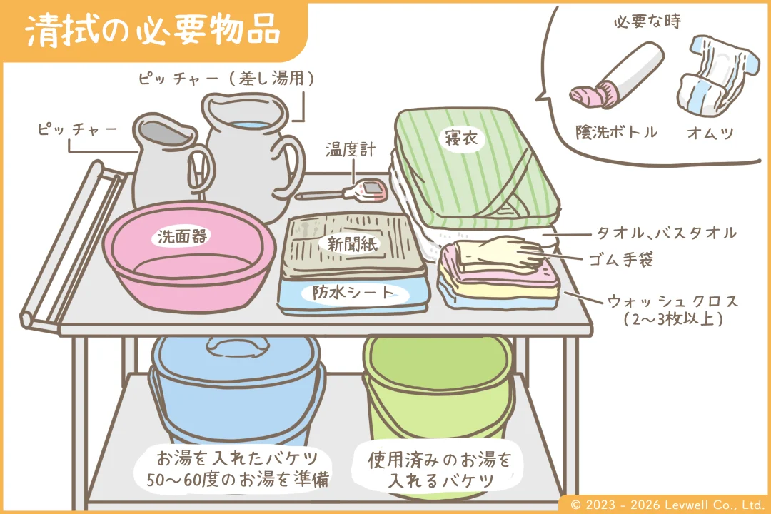 清拭の必要物品のイラスト