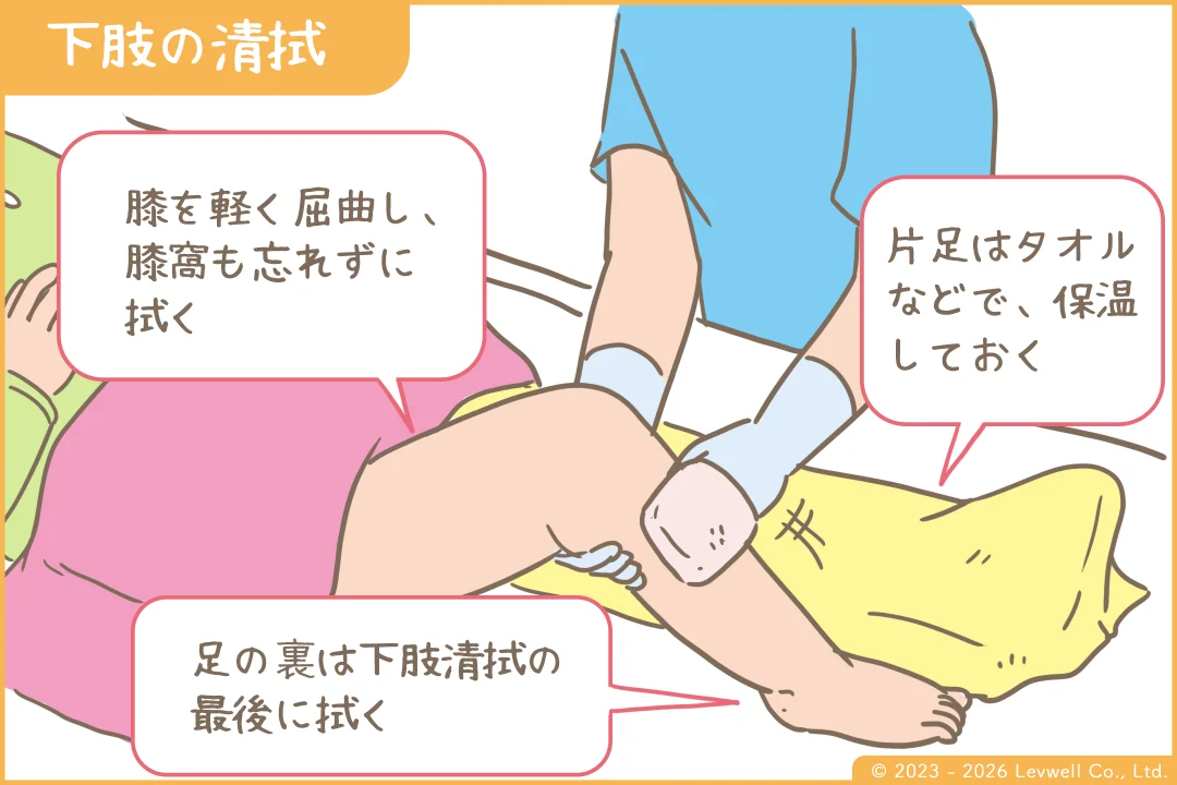 下肢の清拭のイラスト
